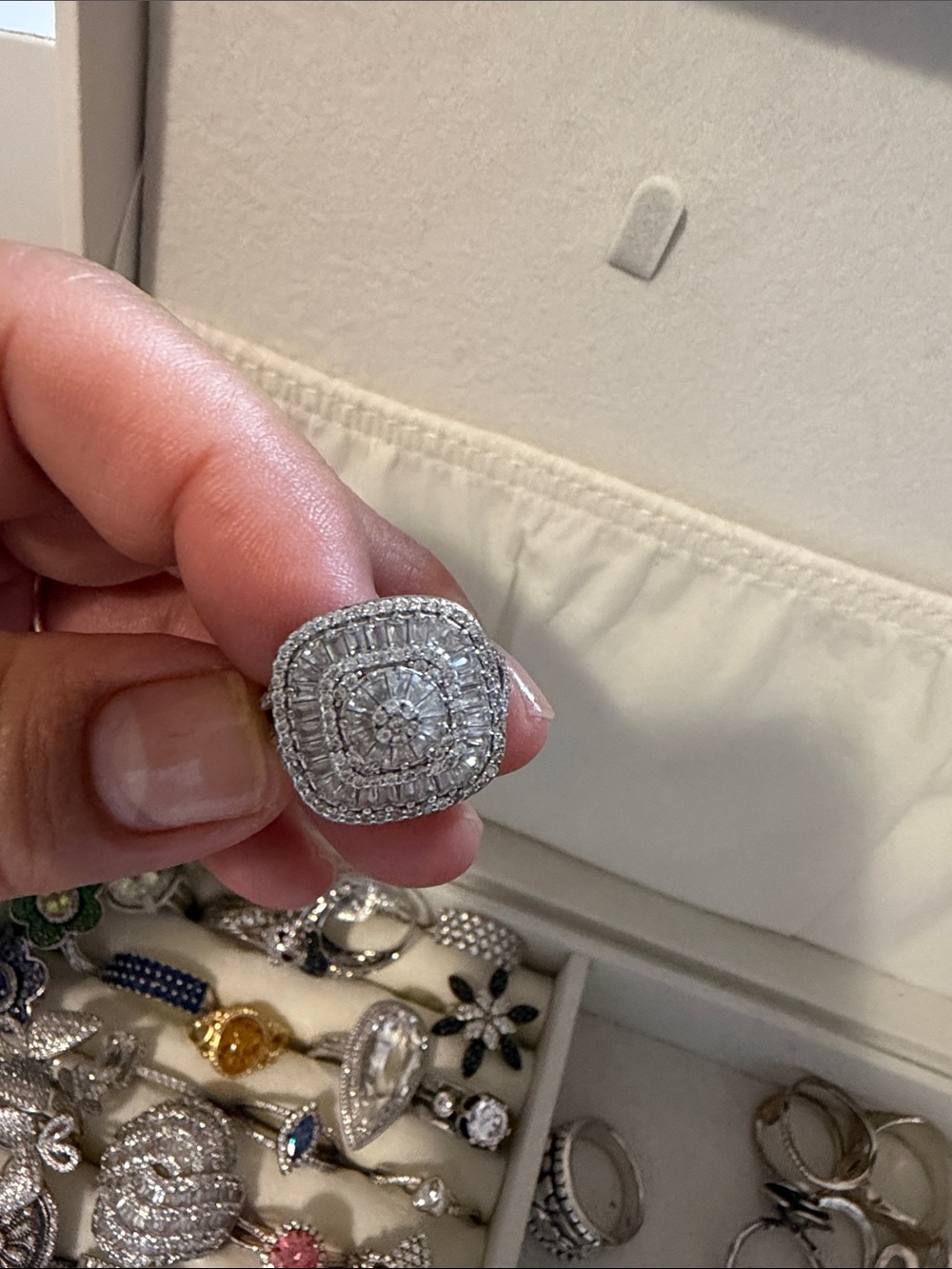Square Halo Diamond Cluster Ring — Silver Tone